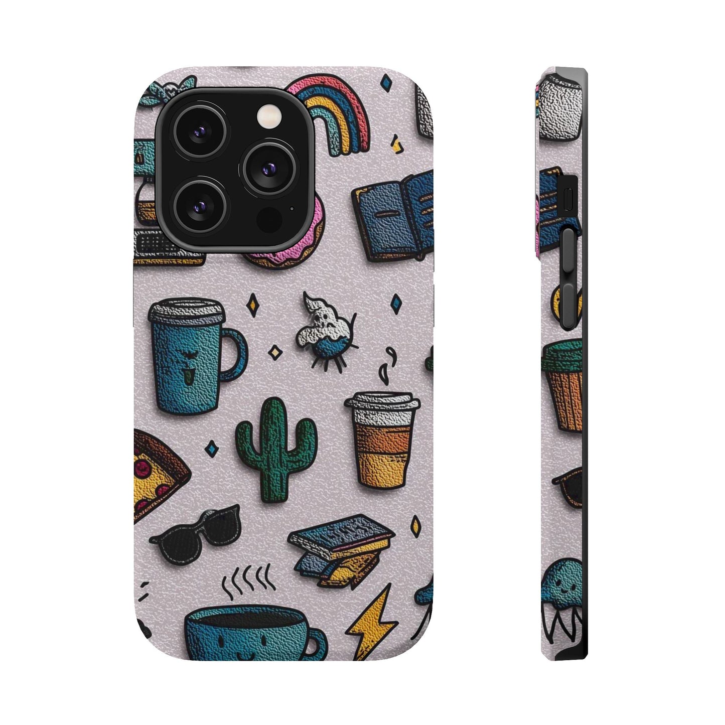 Cute Doodle Phone Case — Magnetic Impact-Resistant Design (coffee, rainbow, cactus)
