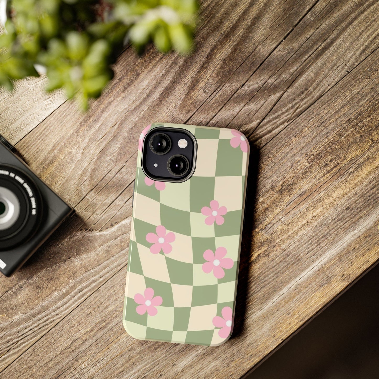 Tough Phone Case — Retro Green Checkerboard with Pink Flowers