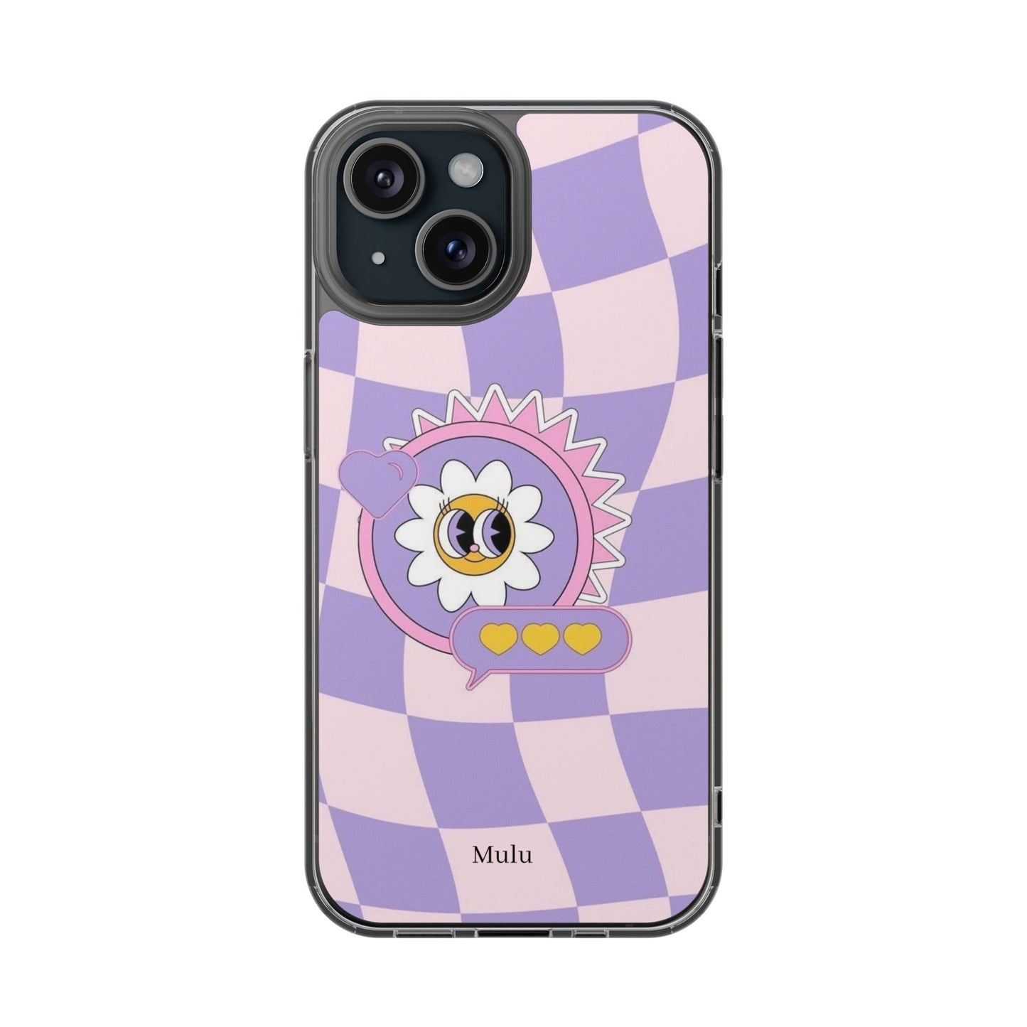 Clear Impact-Resistant Case — Cute Purple Checkerboard Dino with 'Mulu'