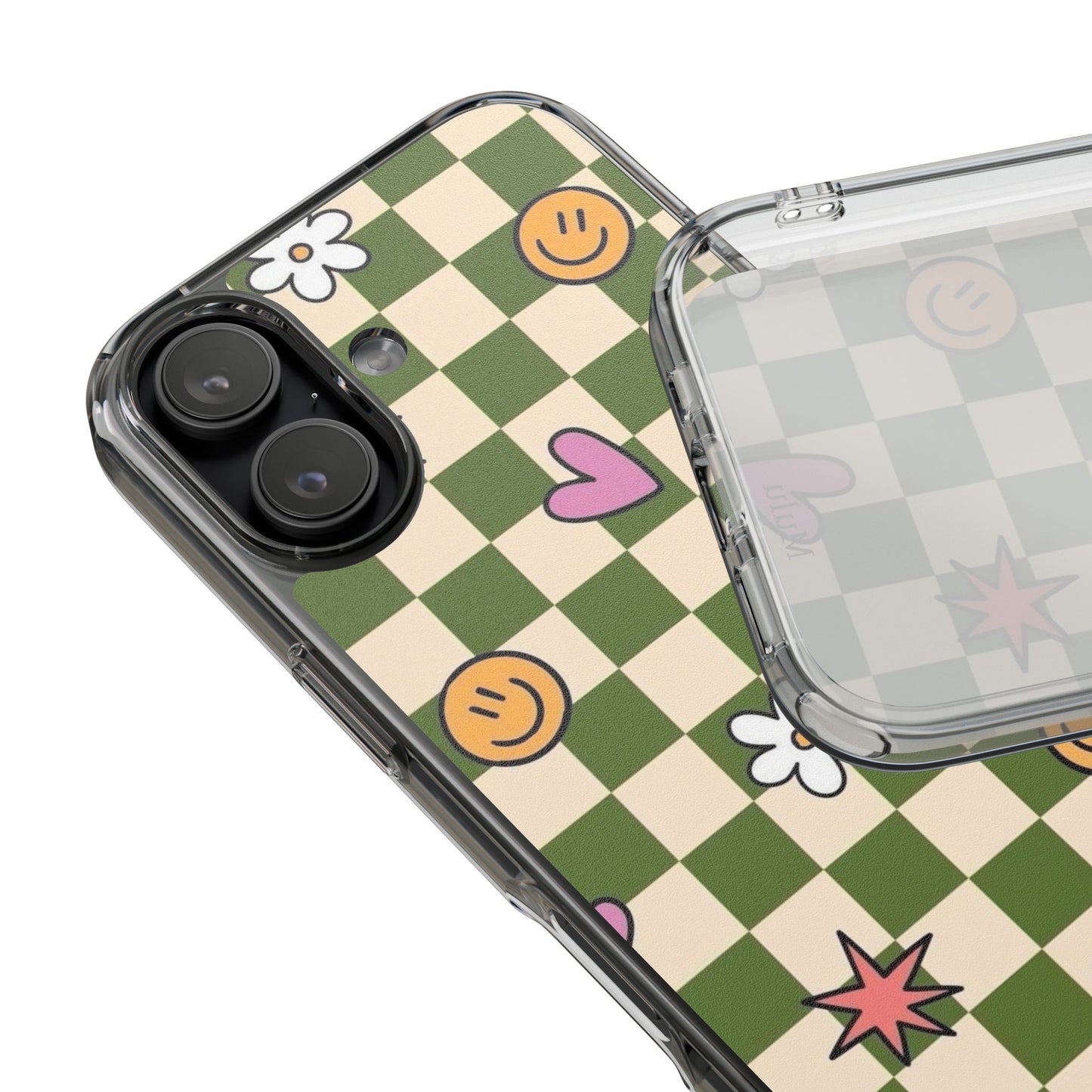Clear Impact-Resistant Case — Retro Green Checkerboard with Smiley, Hearts & Flowers