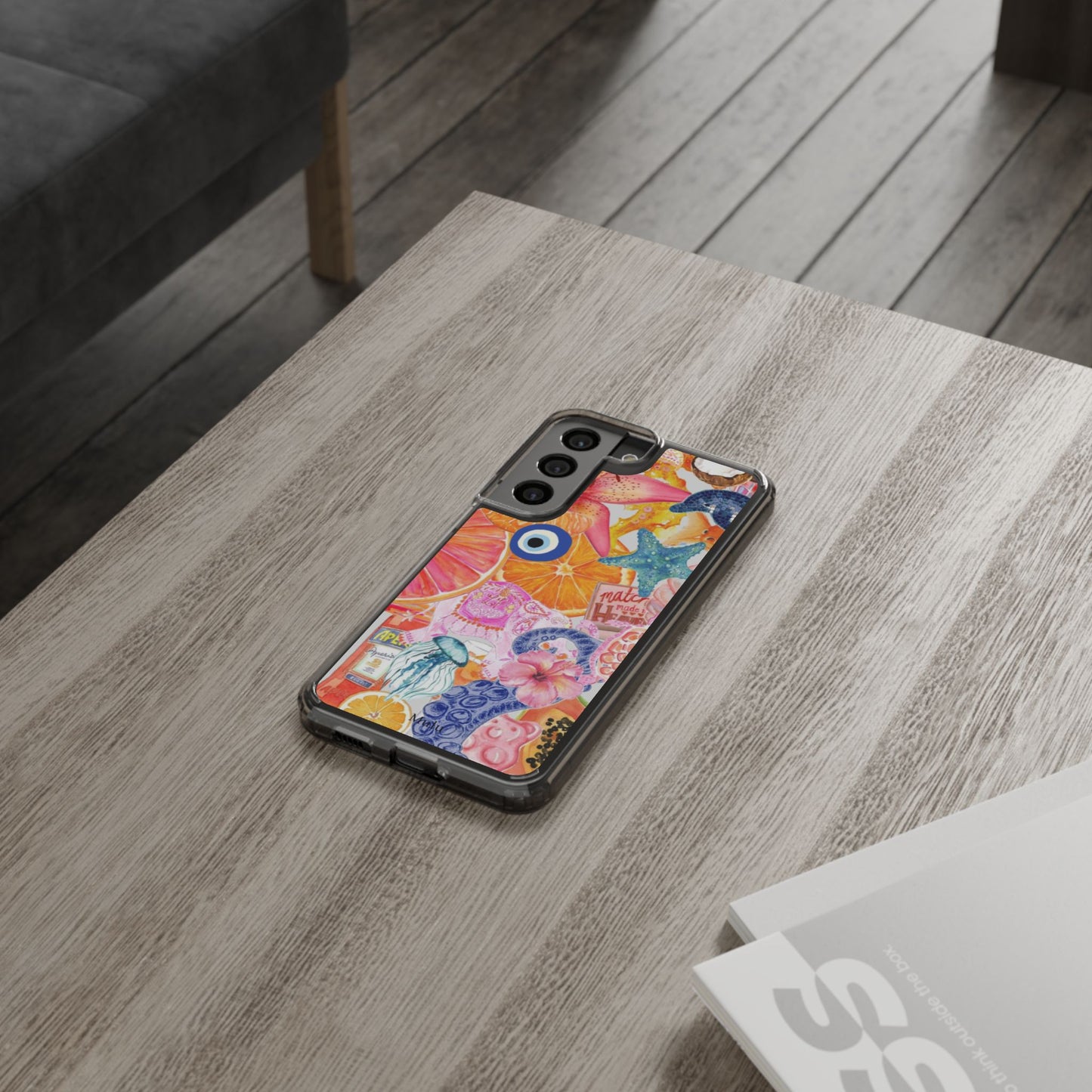 Clear Impact-Resistant Phone Case — Colorful Tropical Collage Design