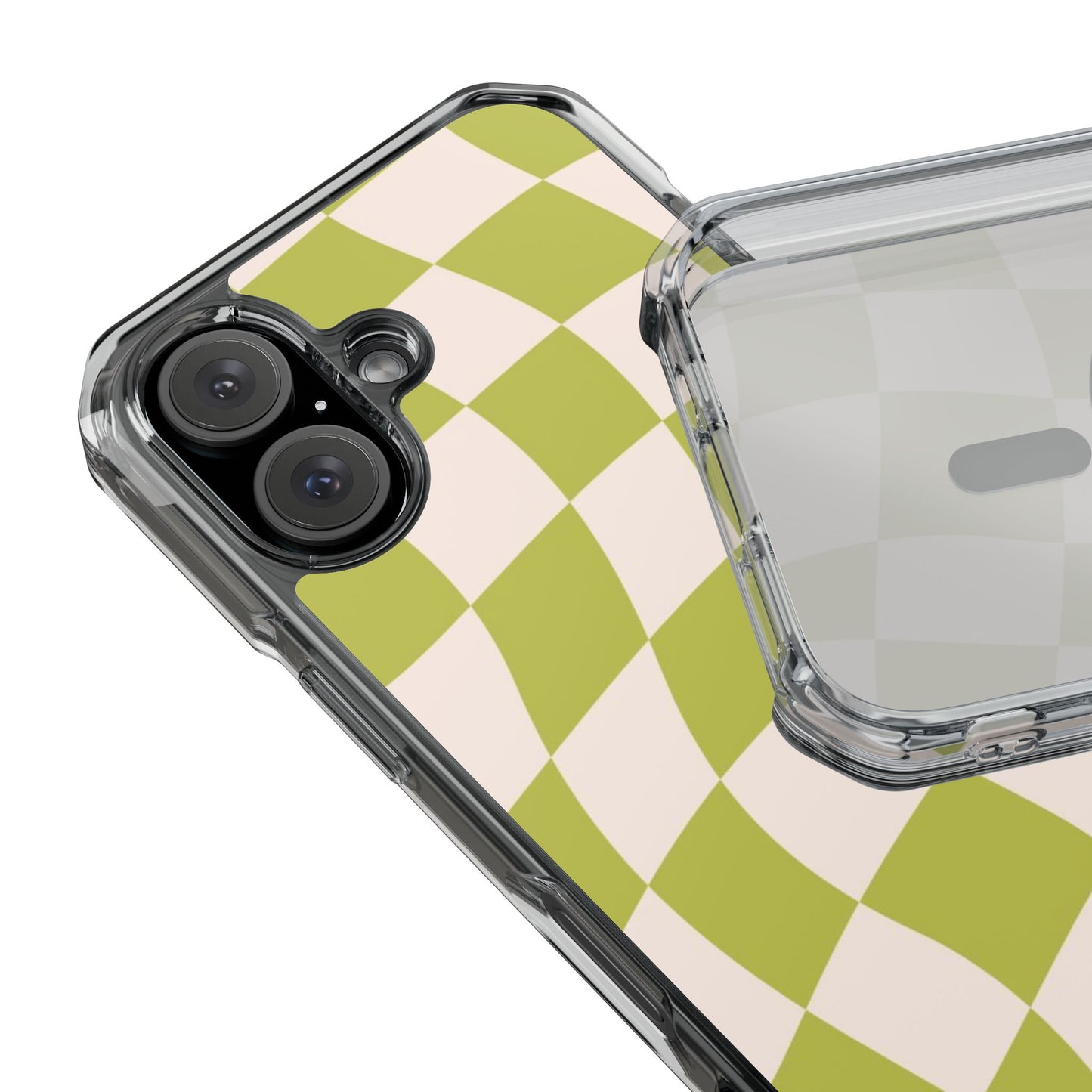 Clear Magnetic Phone Case — Olive Retro Check Pattern