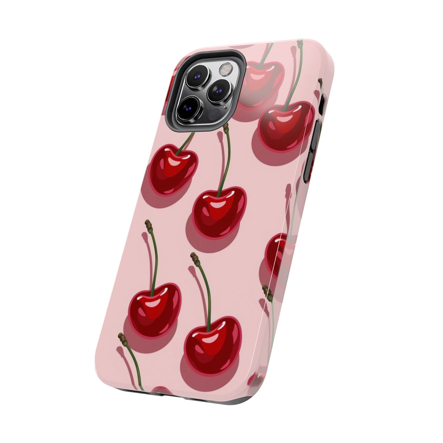 Cherry Pattern Tough Phone Case — Retro Pink Cherry Print Protective Phone Case