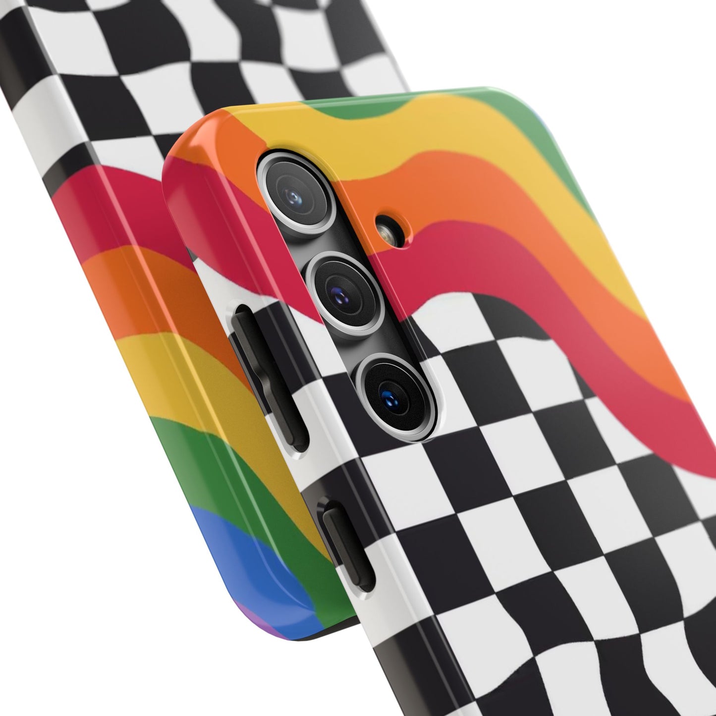 Retro Wavy Checkerboard Tough Phone Case — Rainbow Surf Skate Design