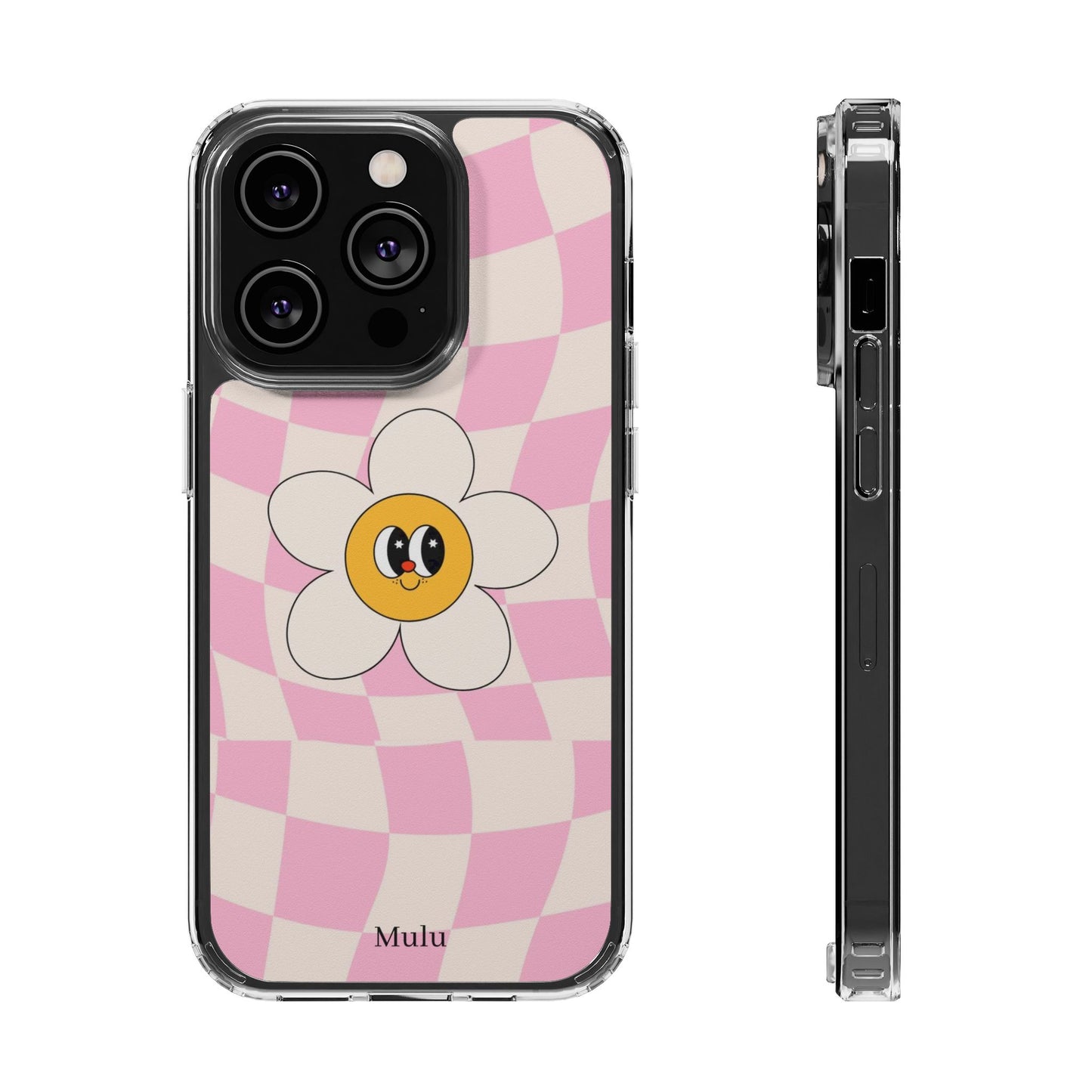 Clear Impact-Resistant Phone Case — Pink Checkerboard Daisy Design