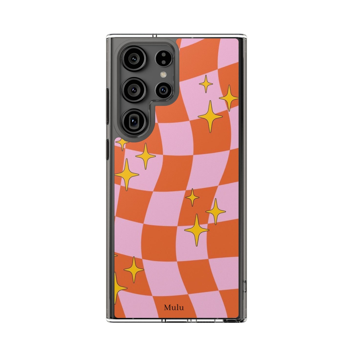 Clear Impact-Resistant Case — Retro Pink & Orange Checker with Sparkle Stars
