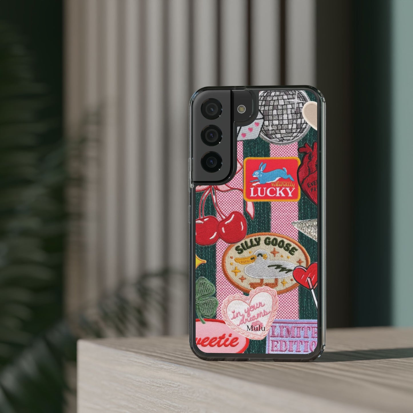 Clear Impact-Resistant Phone Case — Retro Patchwork Stickers (Lucky, Cherries, Silly Goose)