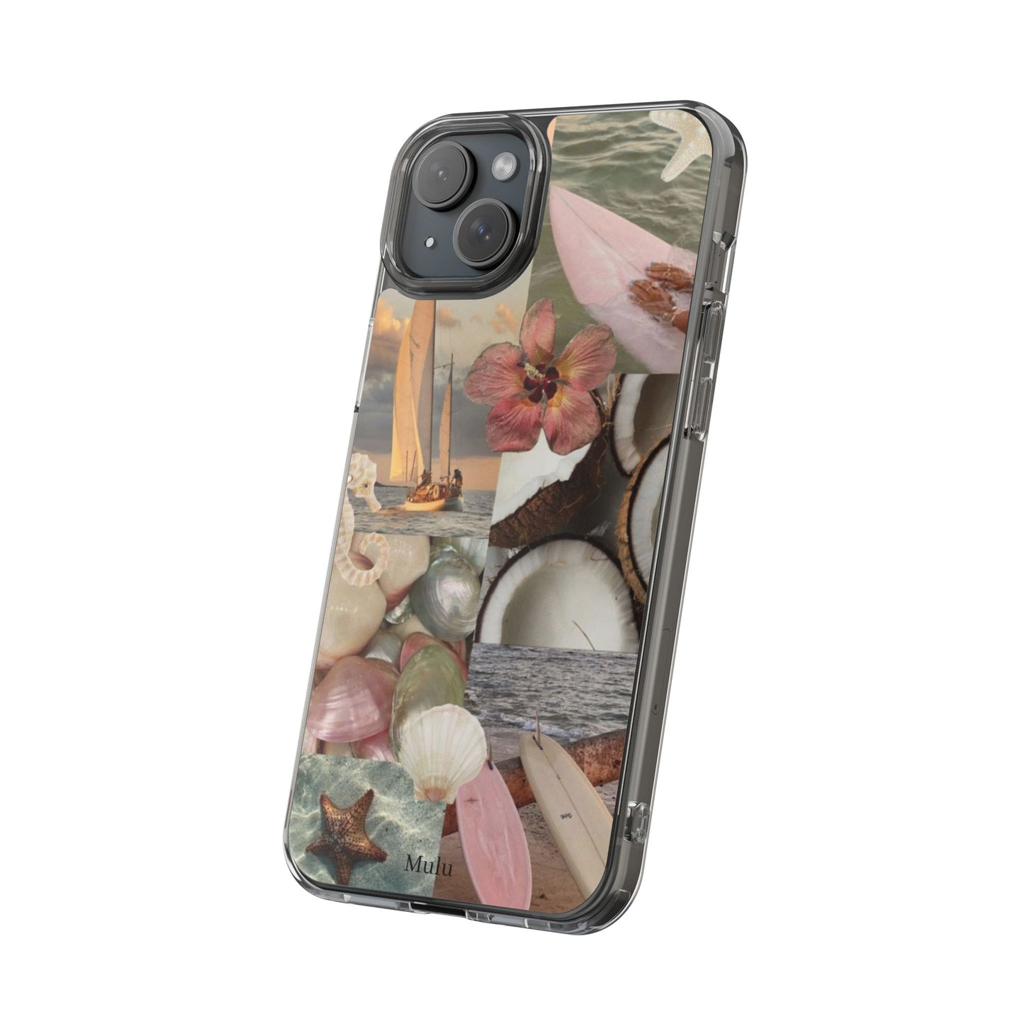 Clear Phone Case — Coastal Collage Shells & Surf Design