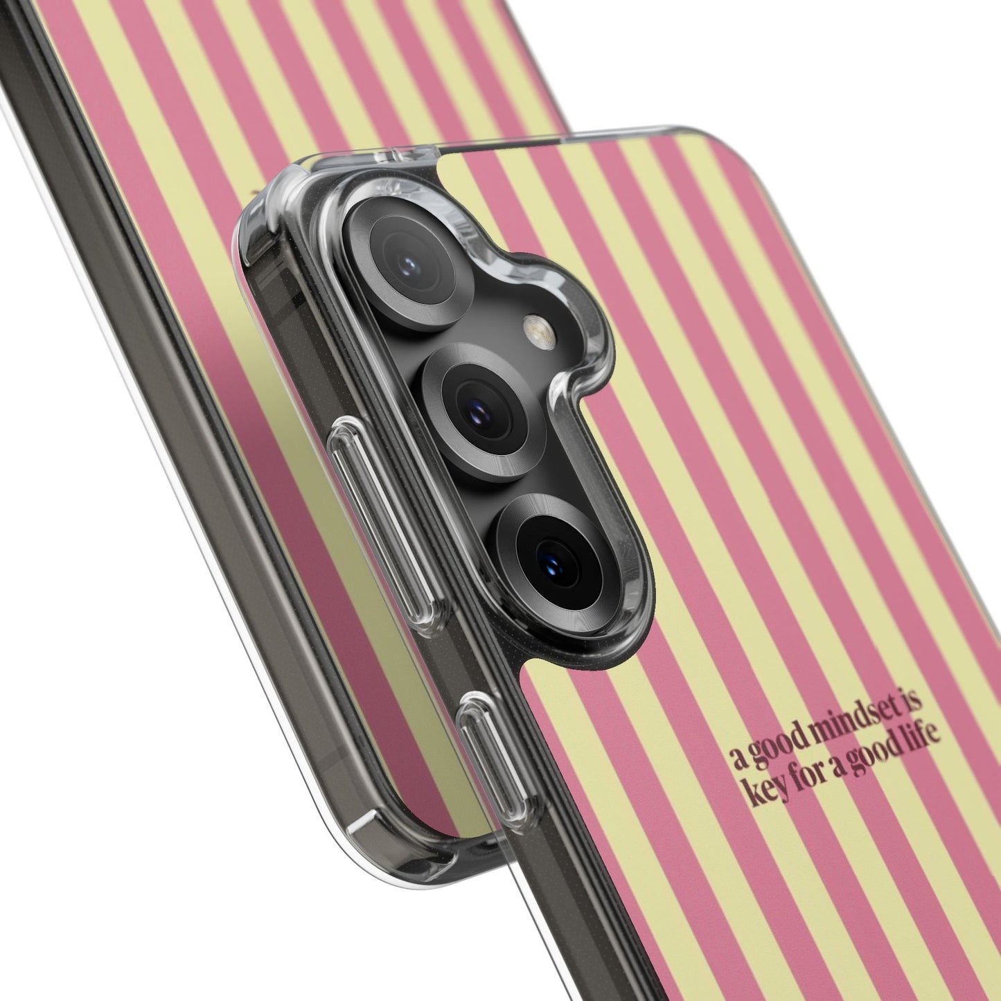 Striped Clear Phone Case — "A Good Mindset Is Key for a Good Life" Motivational iPhone Case