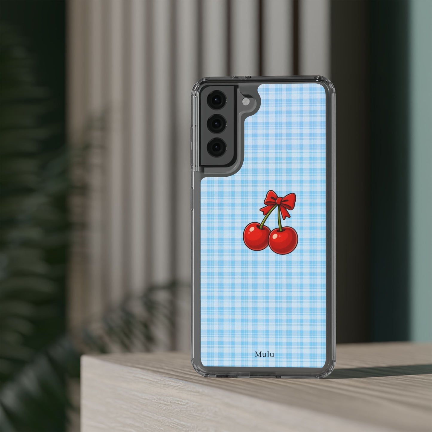 Clear Cherry Gingham Phone Case — Impact-Resistant Clear Case with Red Cherry Design