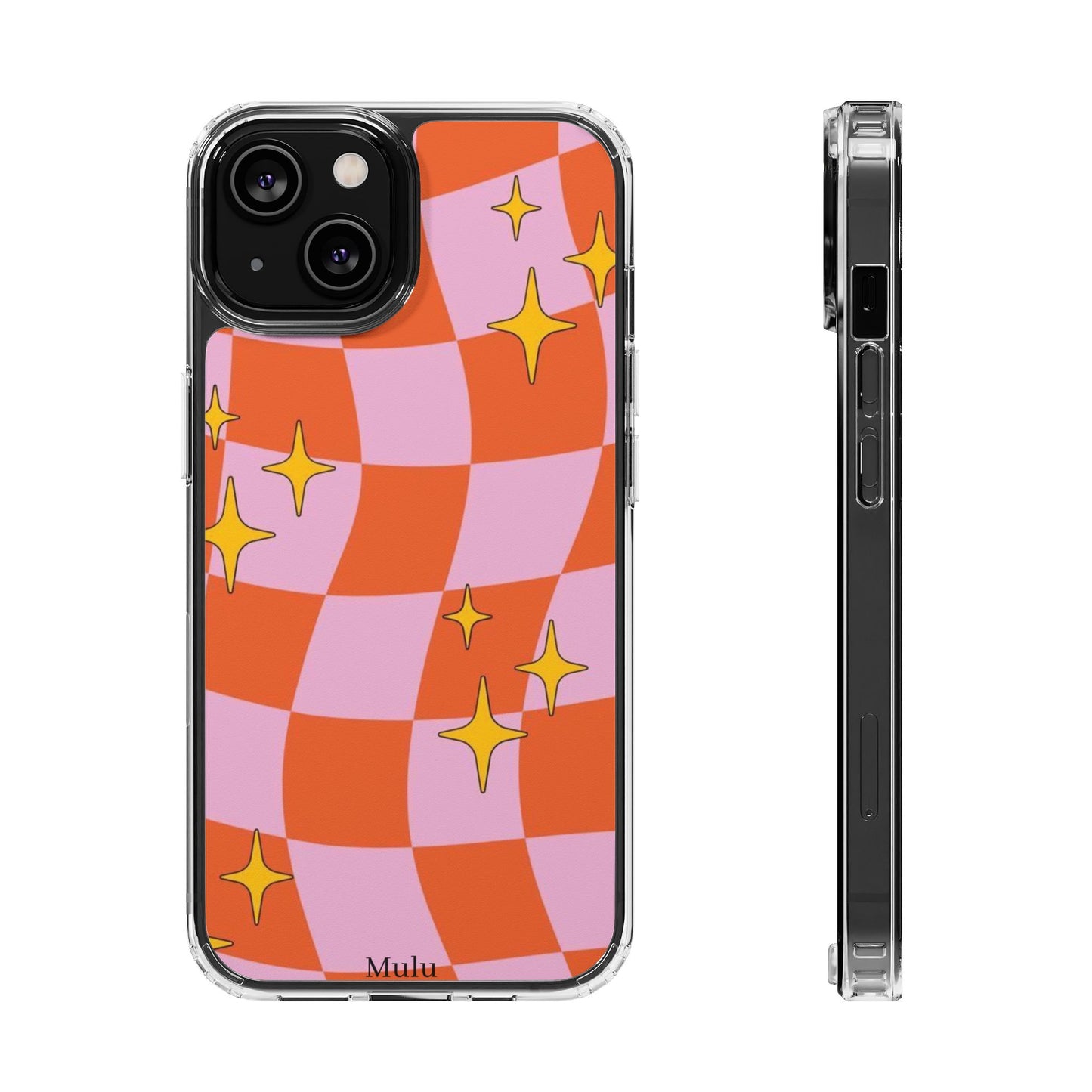 Clear Impact-Resistant Case — Retro Pink & Orange Checker with Sparkle Stars