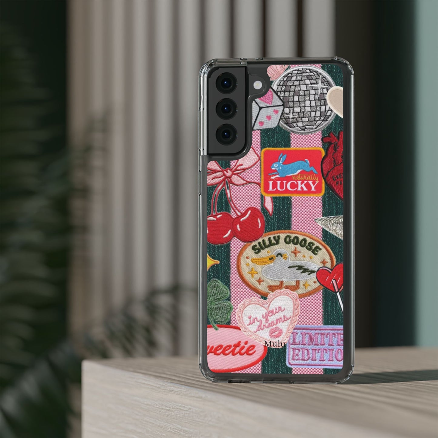 Clear Impact-Resistant Phone Case — Retro Patchwork Stickers (Lucky, Cherries, Silly Goose)