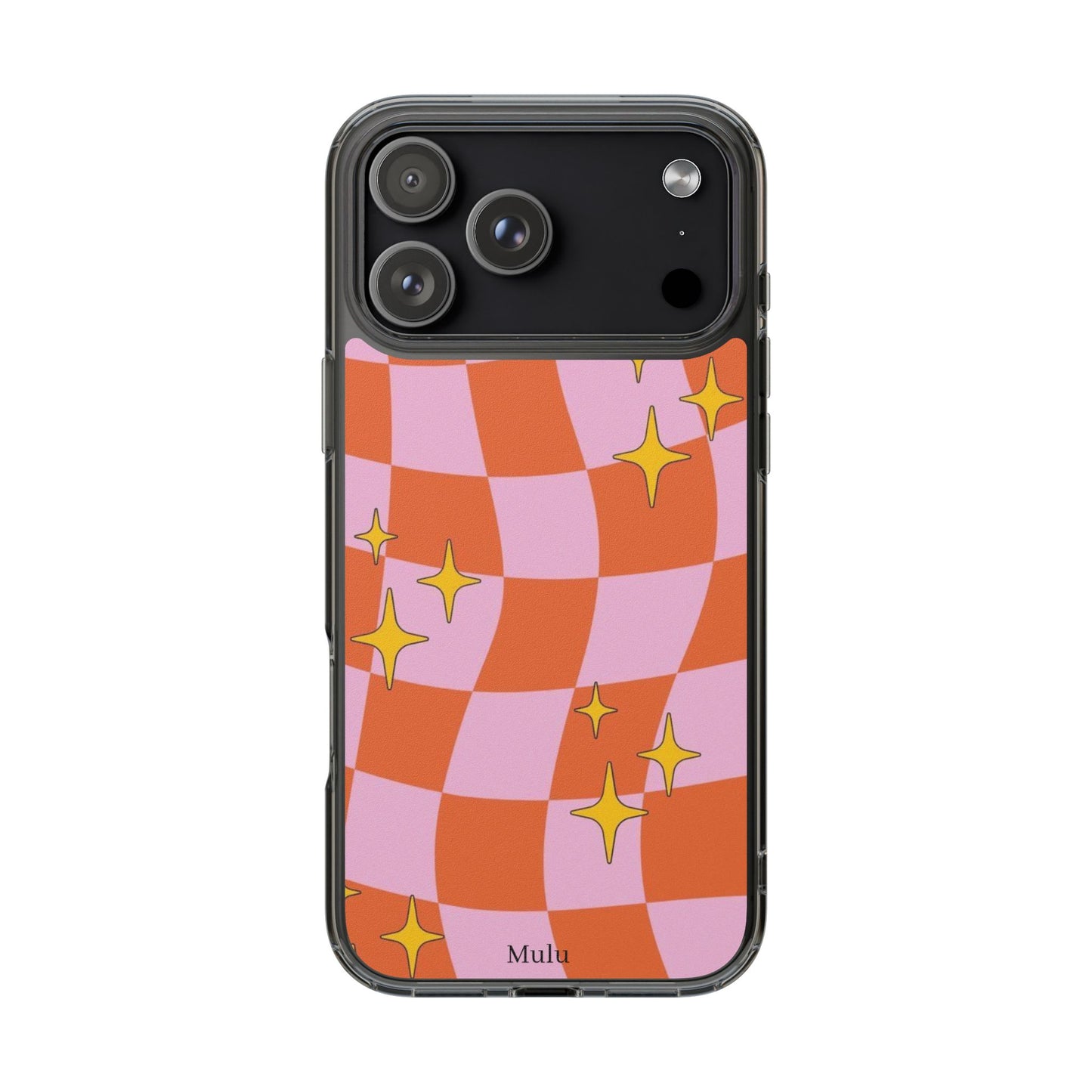Clear Impact-Resistant Case — Retro Pink & Orange Checker with Sparkle Stars