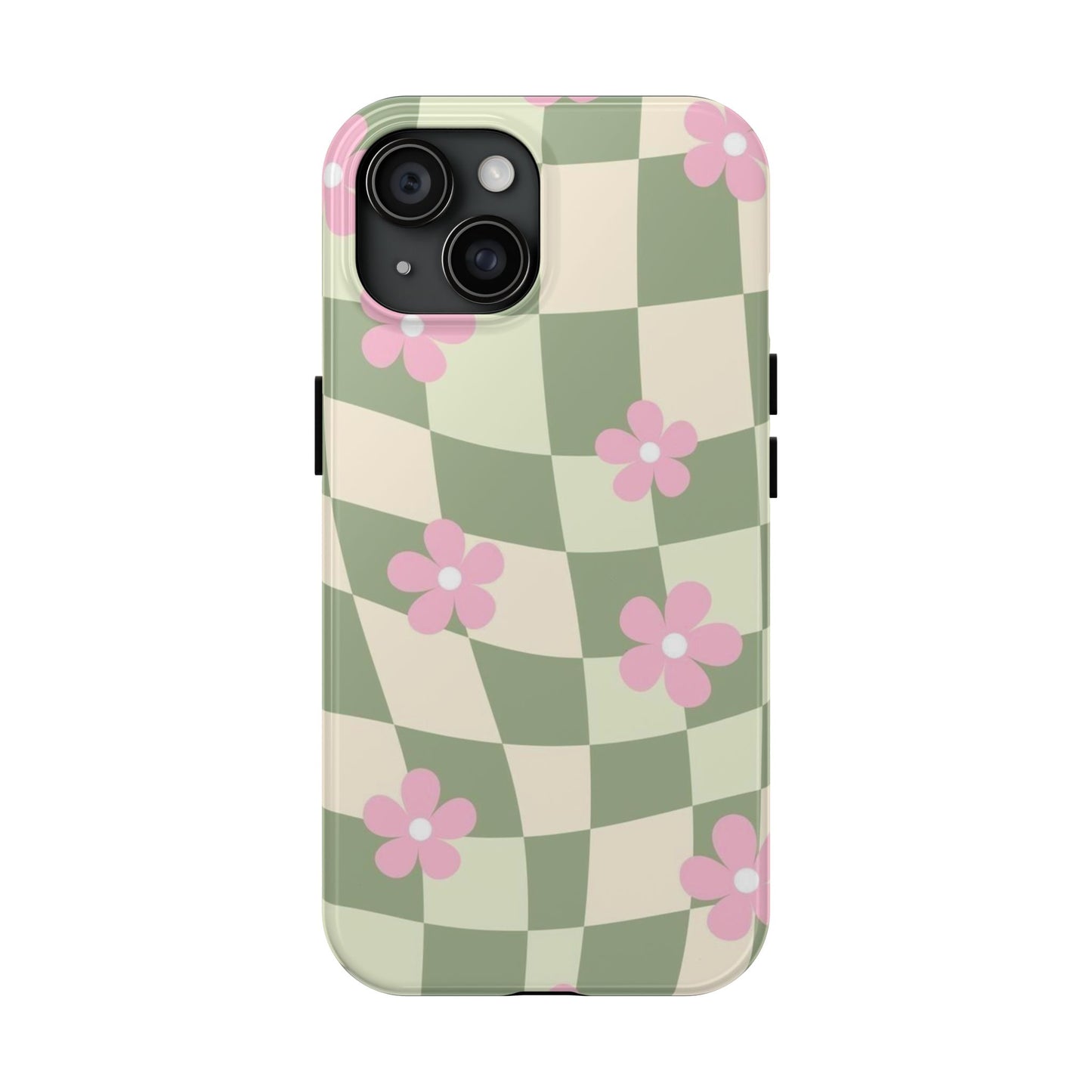 Tough Phone Case — Retro Green Checkerboard with Pink Flowers