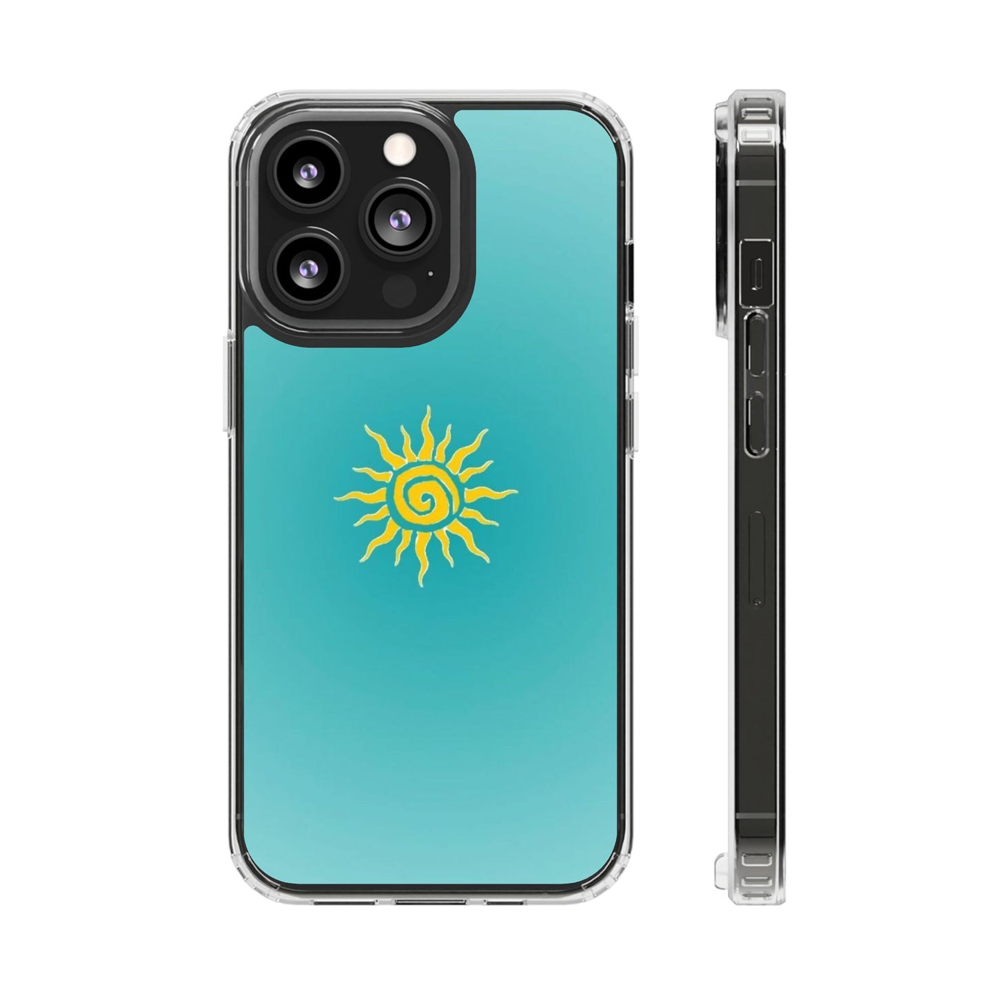 Clear Impact-Resistant Phone Case — Yellow Sun on Teal Gradient