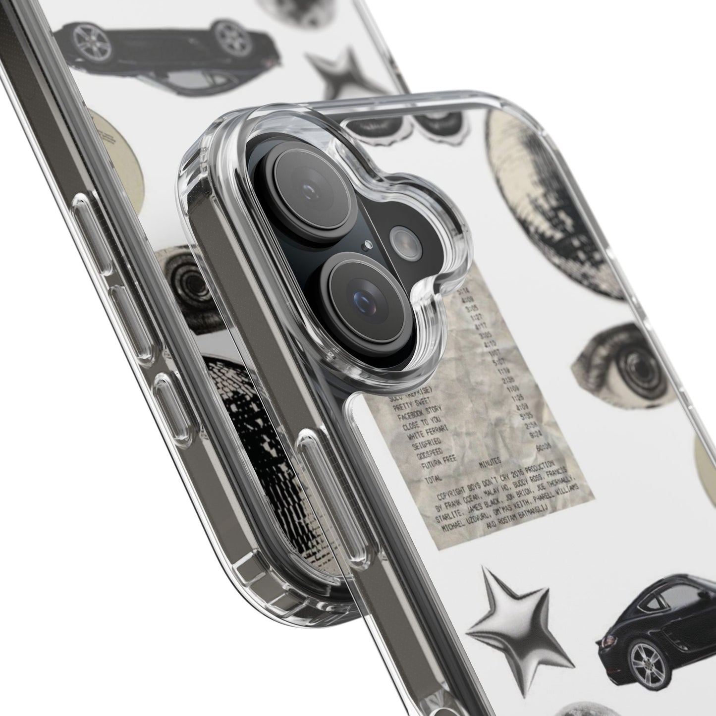 Clear Phone Case — Vintage Collage Stickers (Moon, Eye, Car, Cherries)