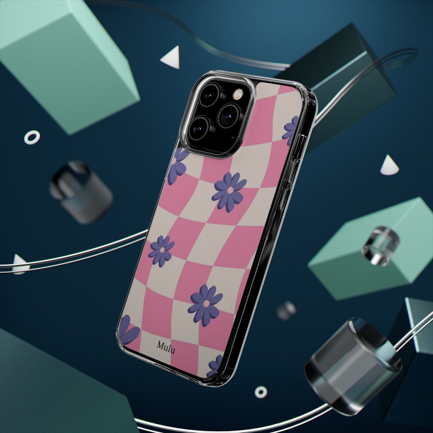 Clear Impact Phone Case — Pink Checkerboard with Purple Flowers