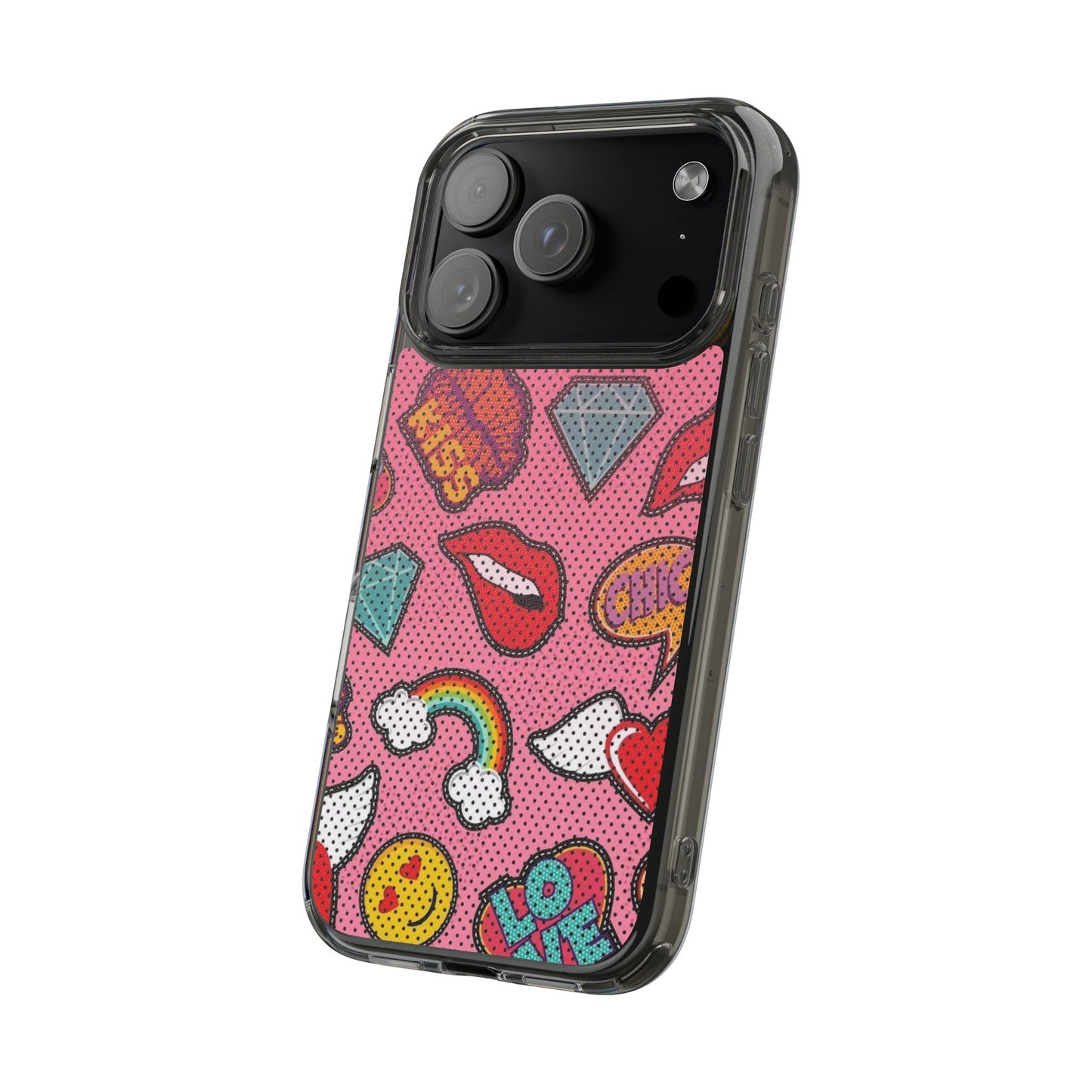 Clear Impact-Resistant Phone Case — Pink Pop Sticker Pattern (Hearts, Rainbows, Smileys)