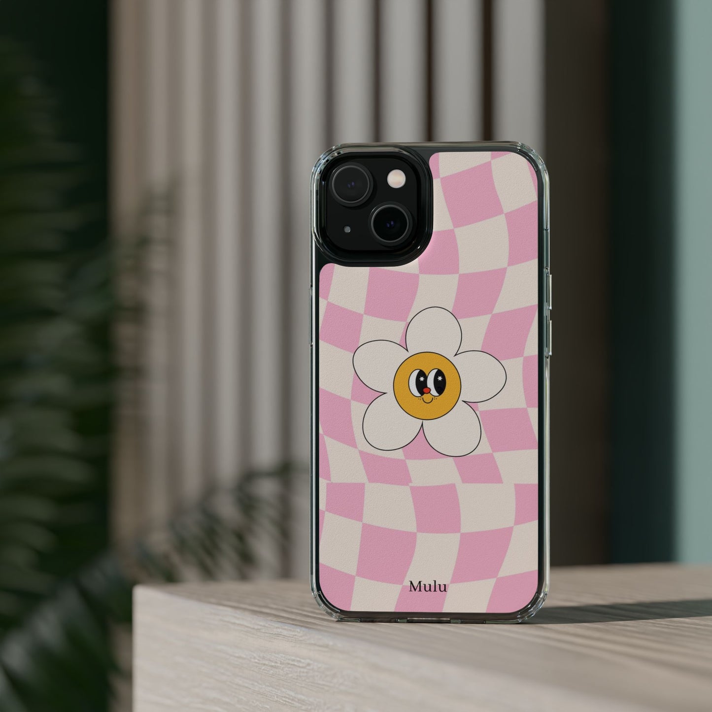 Clear Impact-Resistant Phone Case — Pink Checkerboard Daisy Design
