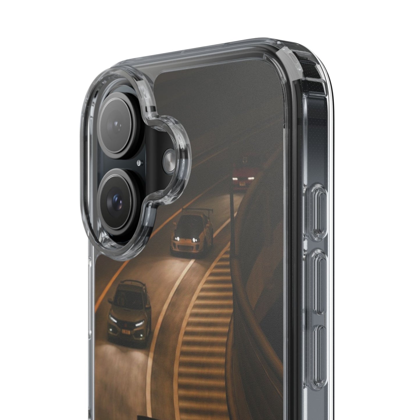 Racing Night Clear Phone Case – Sports Cars on Curved Highway