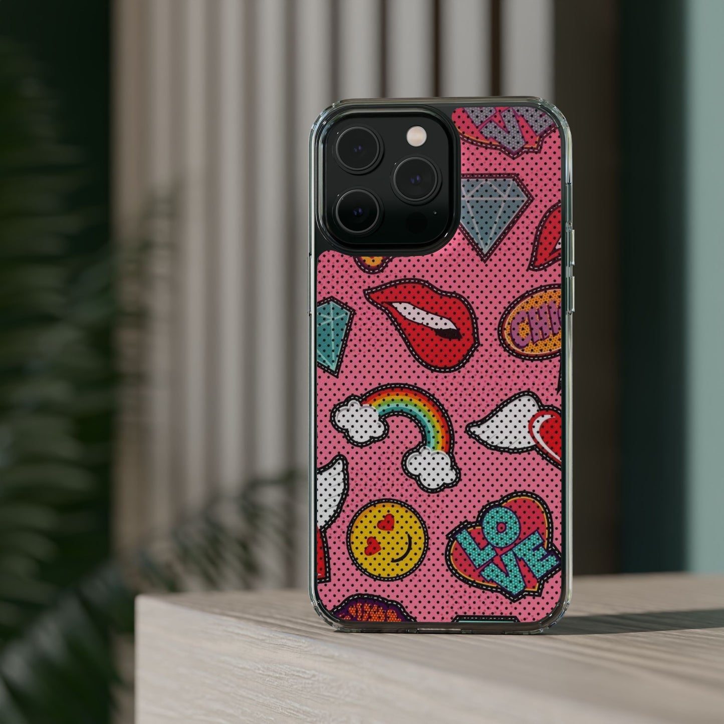 Clear Impact-Resistant Phone Case — Pink Pop Sticker Pattern (Hearts, Rainbows, Smileys)