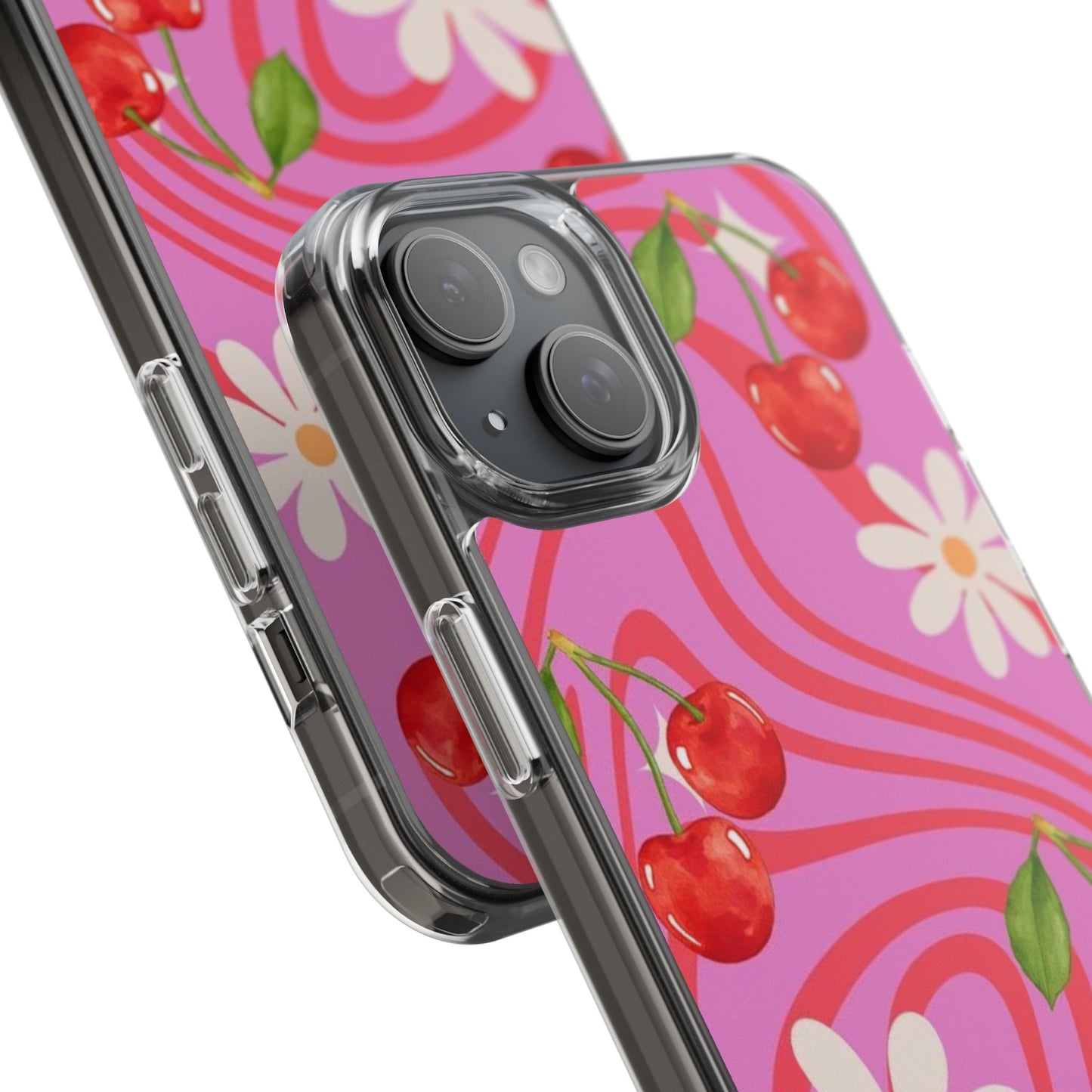 Clear Impact Phone Case — Retro Cherry & Daisy Floral Design