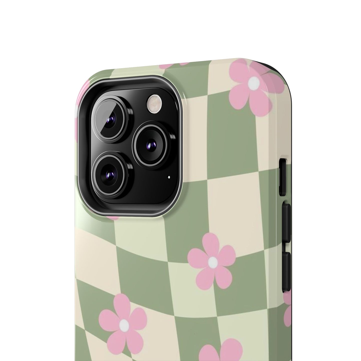 Tough Phone Case — Retro Green Checkerboard with Pink Flowers