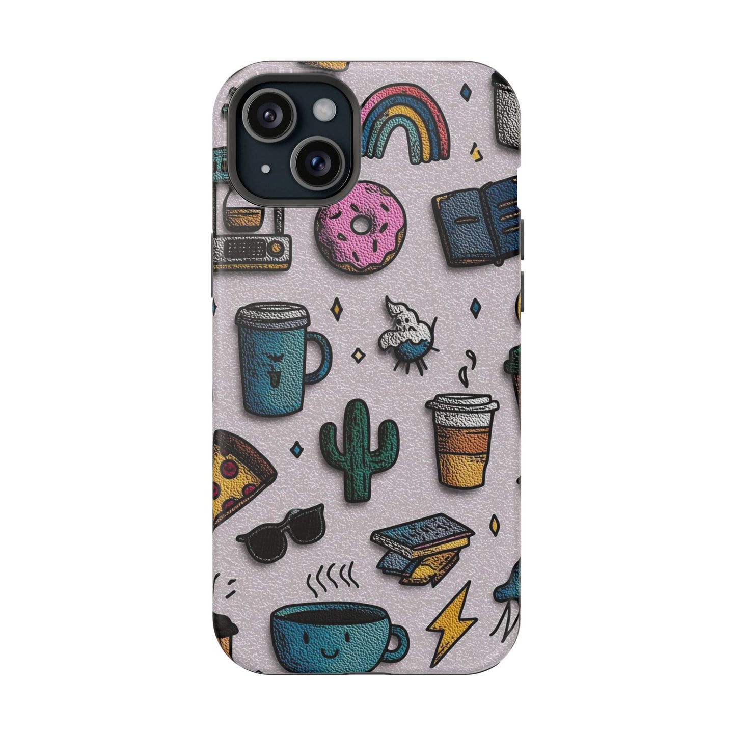 Cute Doodle Phone Case — Magnetic Impact-Resistant Design (coffee, rainbow, cactus)