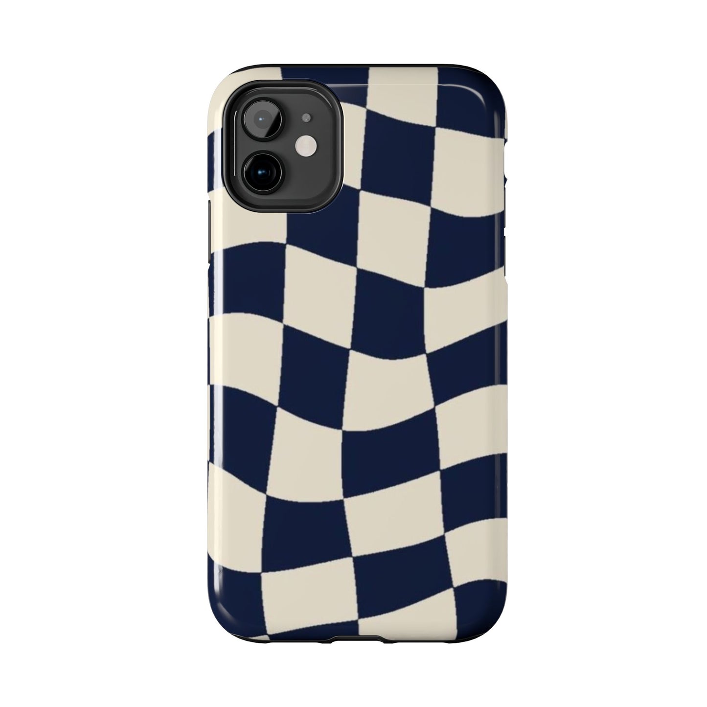 Wavy Checkerboard Tough Phone Case — Navy & Cream Protective Cover