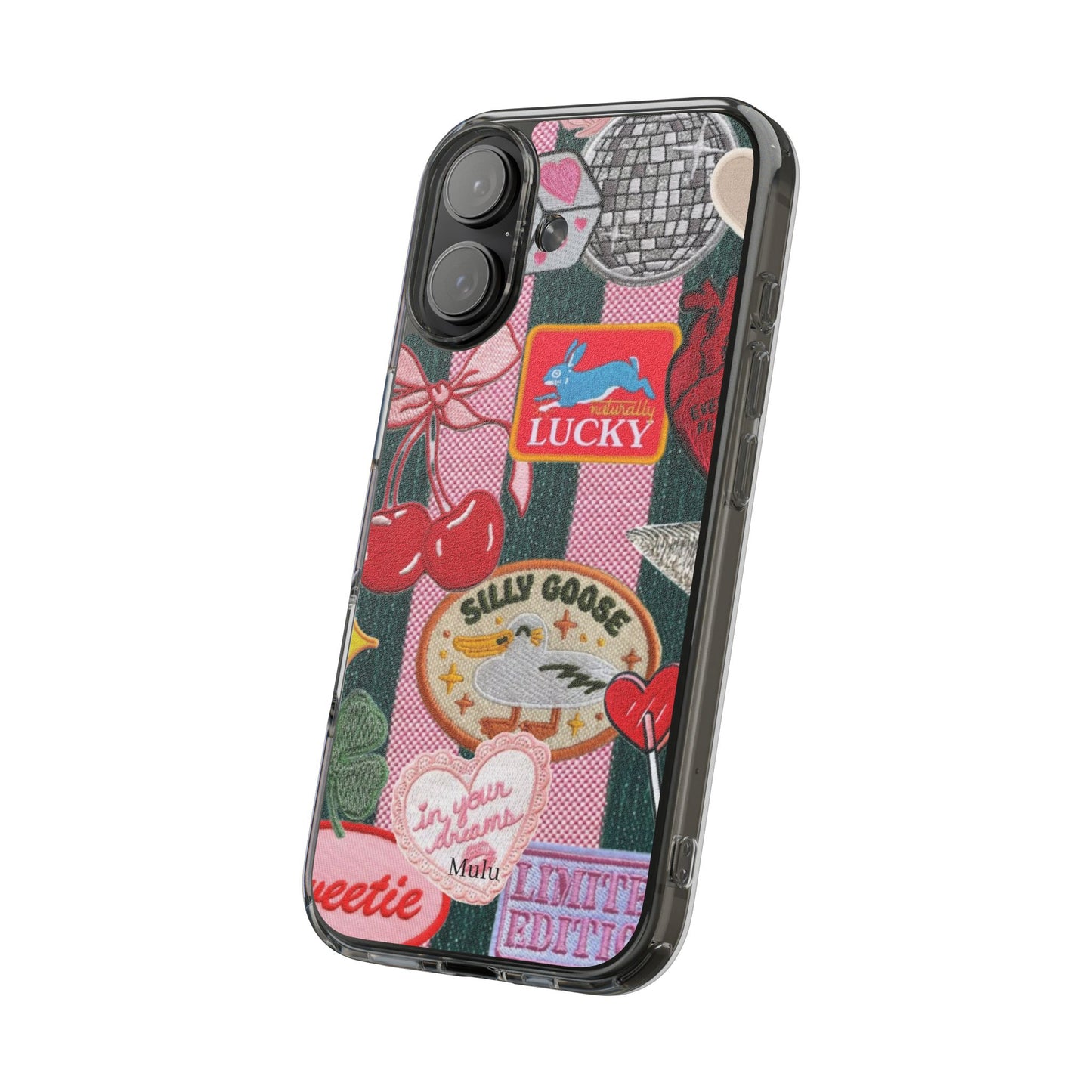 Clear Impact-Resistant Phone Case — Retro Patchwork Stickers (Lucky, Cherries, Silly Goose)
