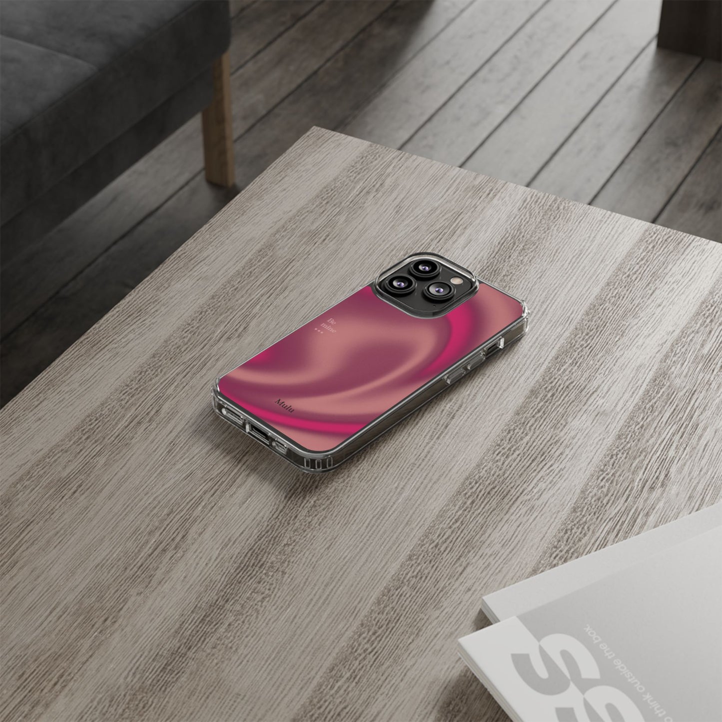 Clear Impact Phone Case — Pink Satin Swirl "Be mine" Design