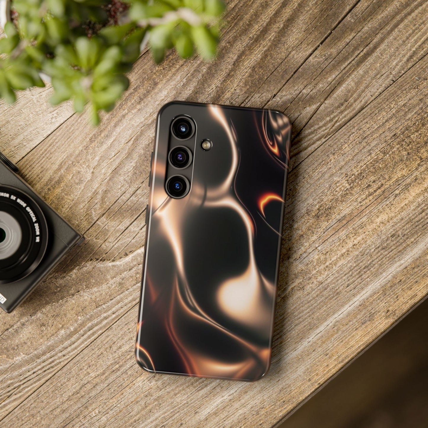 Abstract Liquid Glow Tough Phone Case — Black & Bronze Swirl Protective Cover
