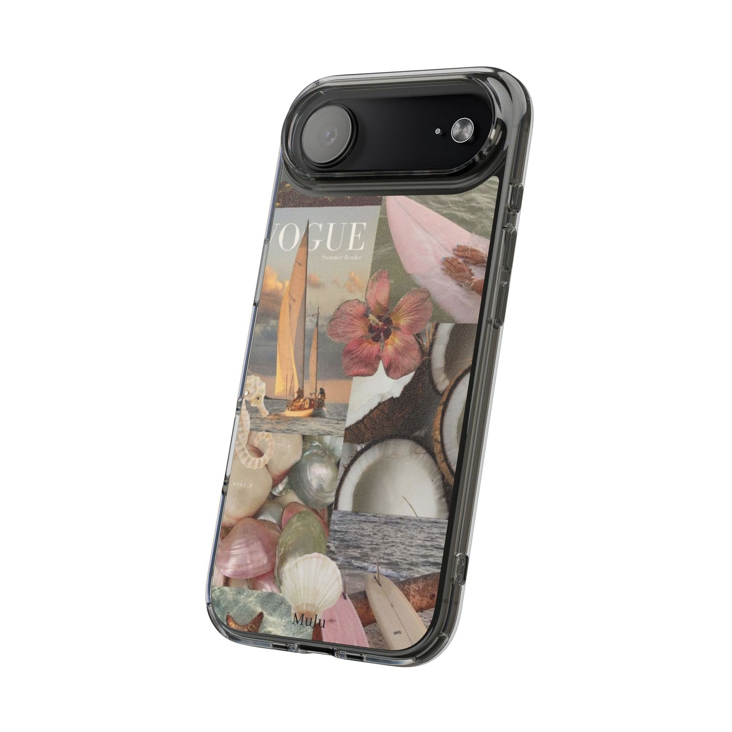 Clear Phone Case — Coastal Collage Shells & Surf Design