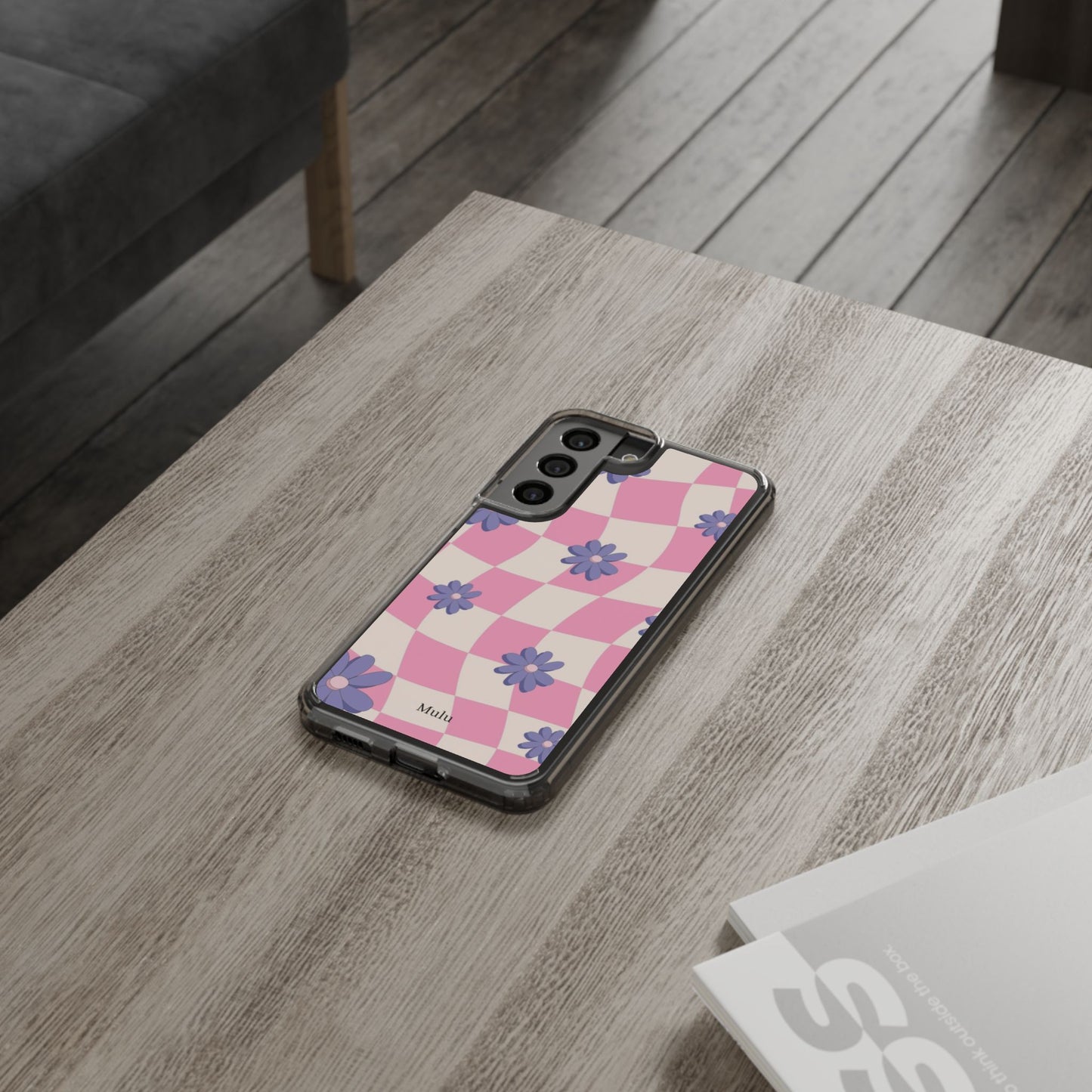 Clear Impact Phone Case — Pink Checkerboard with Purple Flowers