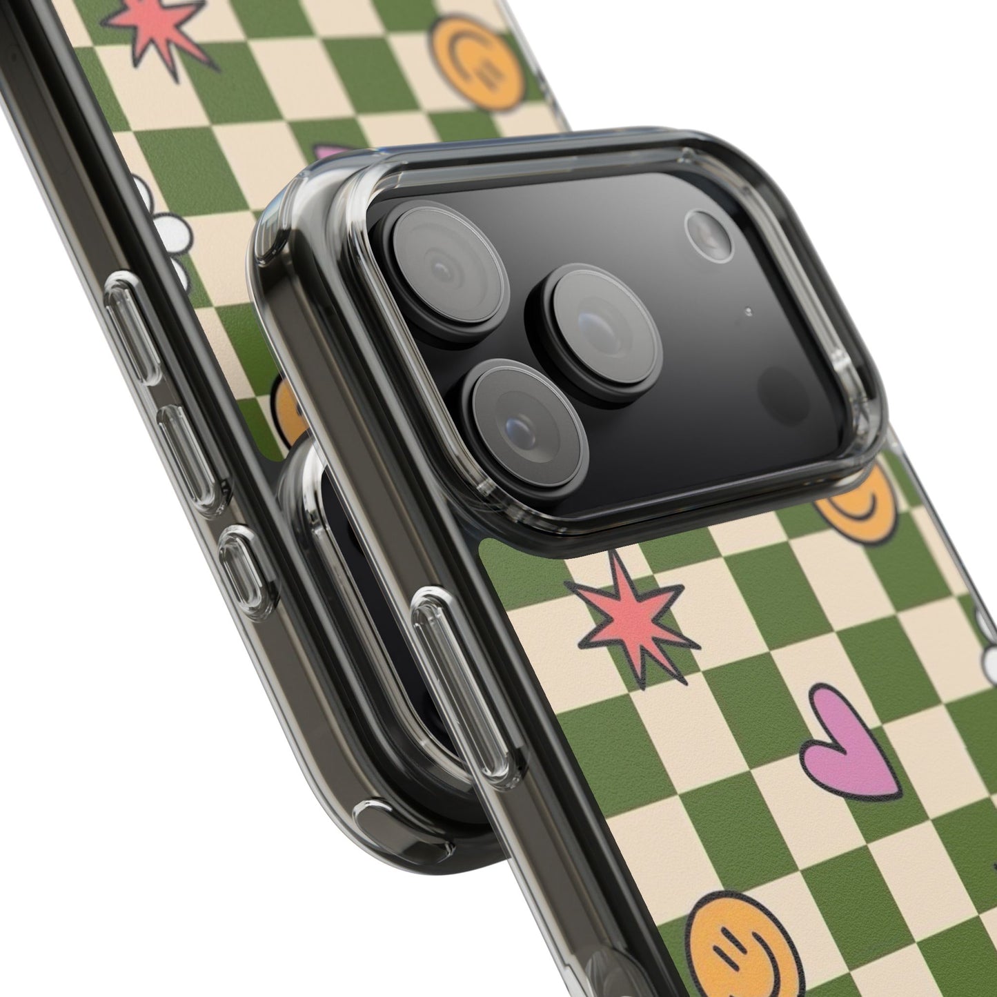 Clear Impact-Resistant Case — Retro Green Checkerboard with Smiley, Hearts & Flowers