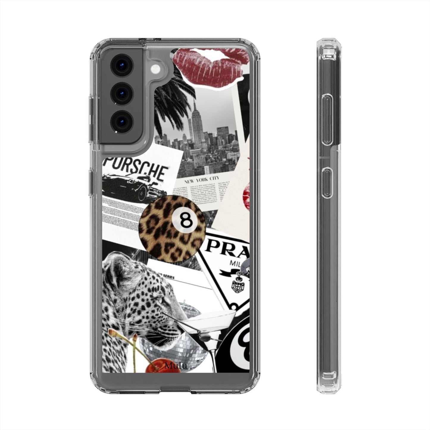 Clear Impact-Resistant Phone Case — Collage Luxury Leopard & Vintage Car Design