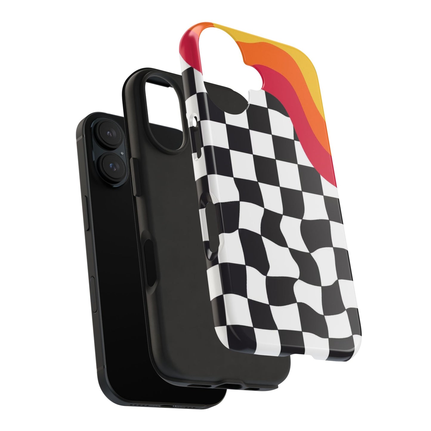 Retro Wavy Checkerboard Tough Phone Case — Rainbow Surf Skate Design