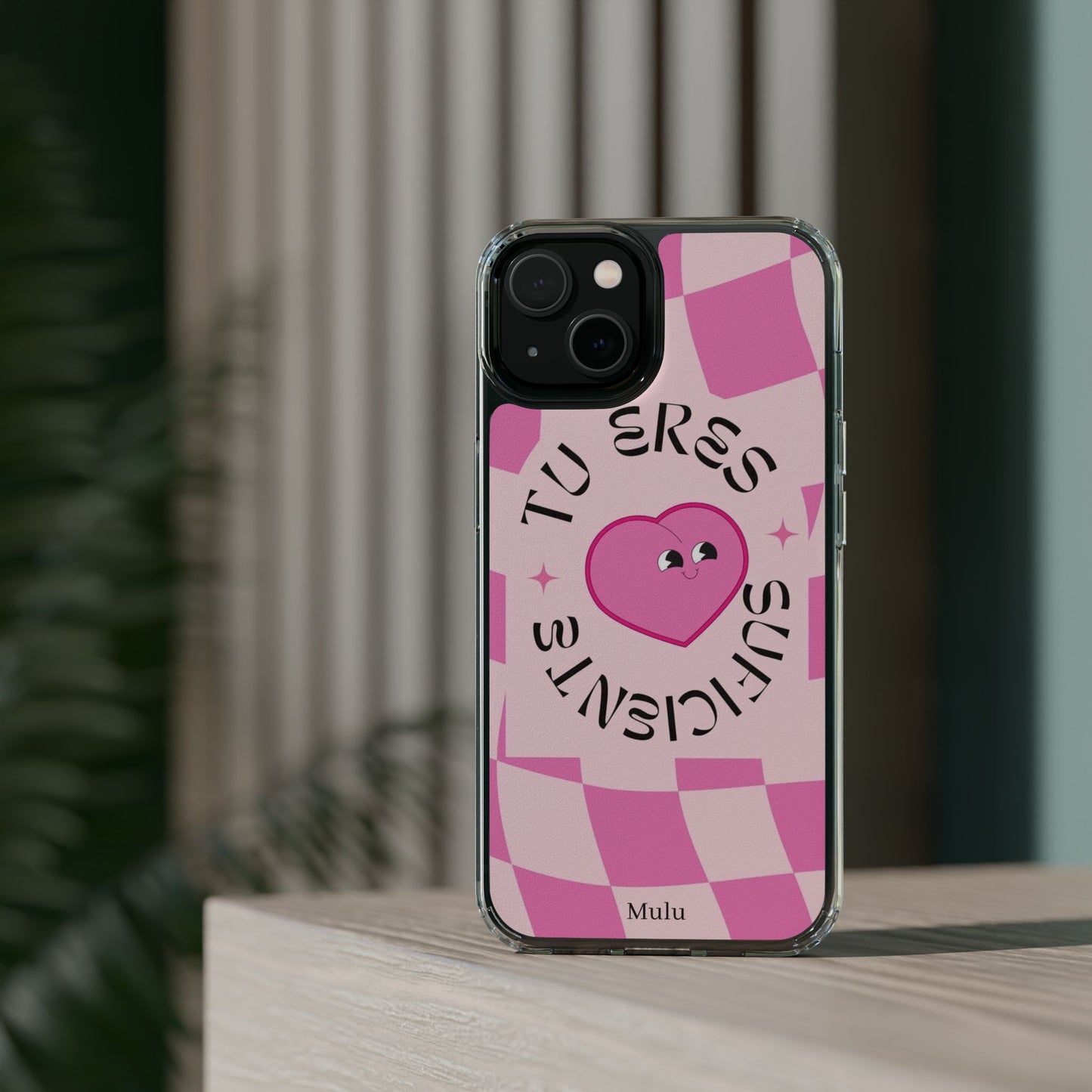 Clear Impact-Resistant Phone Case — Pink Checkerheart “Tu Eres Suficiente” Design