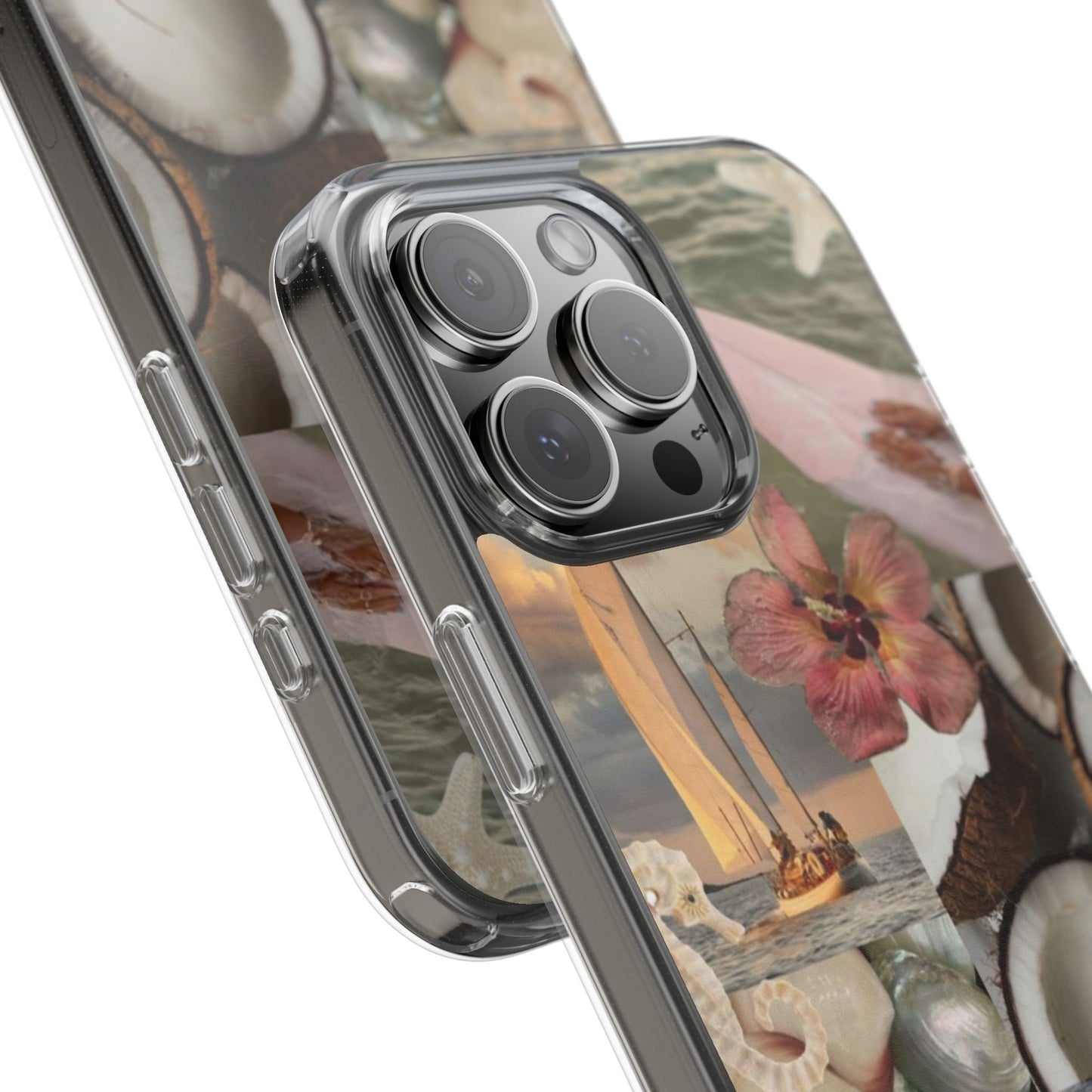 Clear Phone Case — Coastal Collage Shells & Surf Design