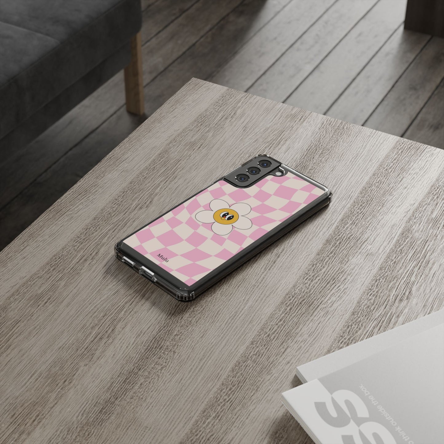 Clear Impact-Resistant Phone Case — Pink Checkerboard Daisy Design