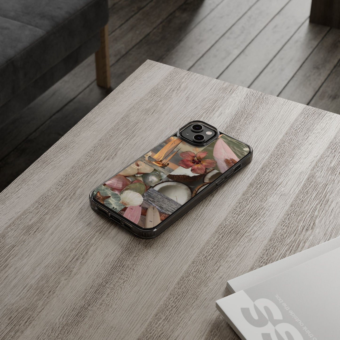 Clear Phone Case — Coastal Collage Shells & Surf Design