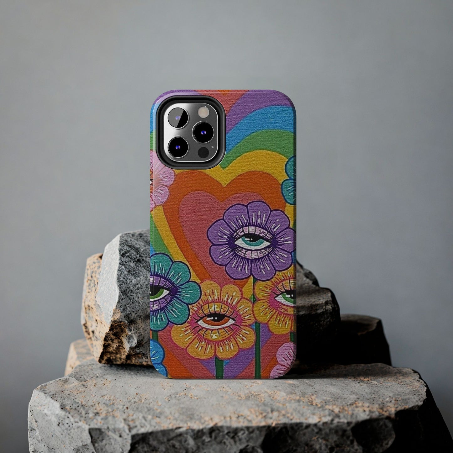 Psychedelic Eye Flower Tough Phone Case — Retro Rainbow Protective iPhone Cover