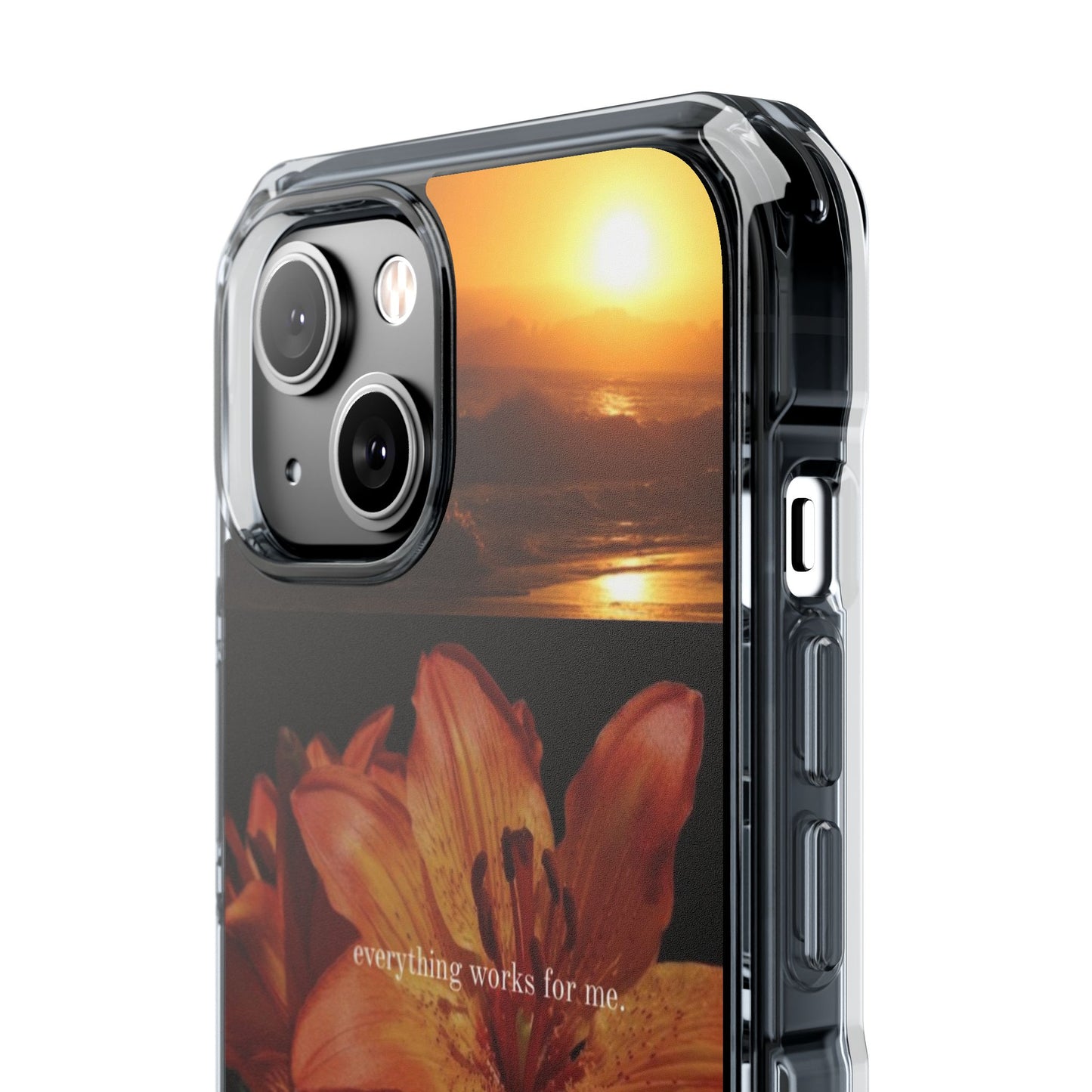 Clear Magnetic Phone Case — Sunset Lily Design ("anything waits for you")