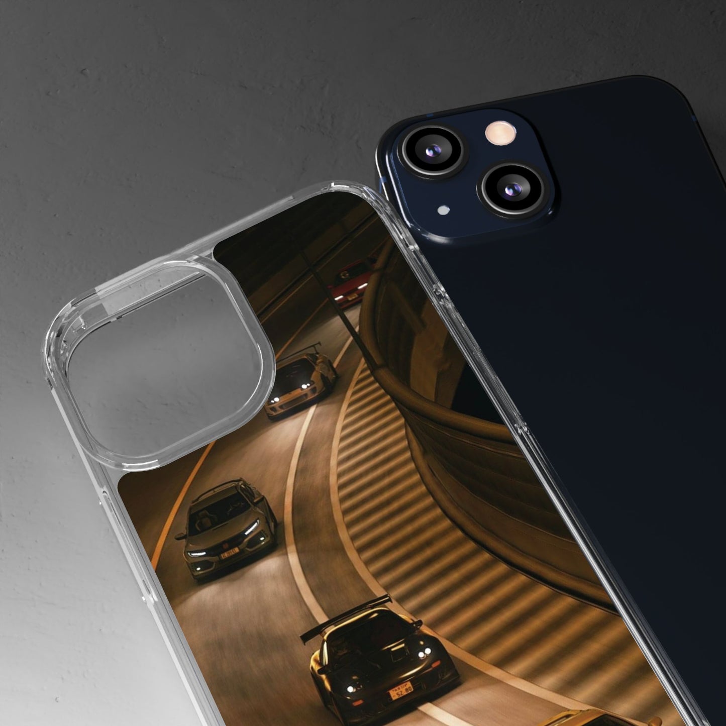 Racing Night Clear Phone Case – Sports Cars on Curved Highway