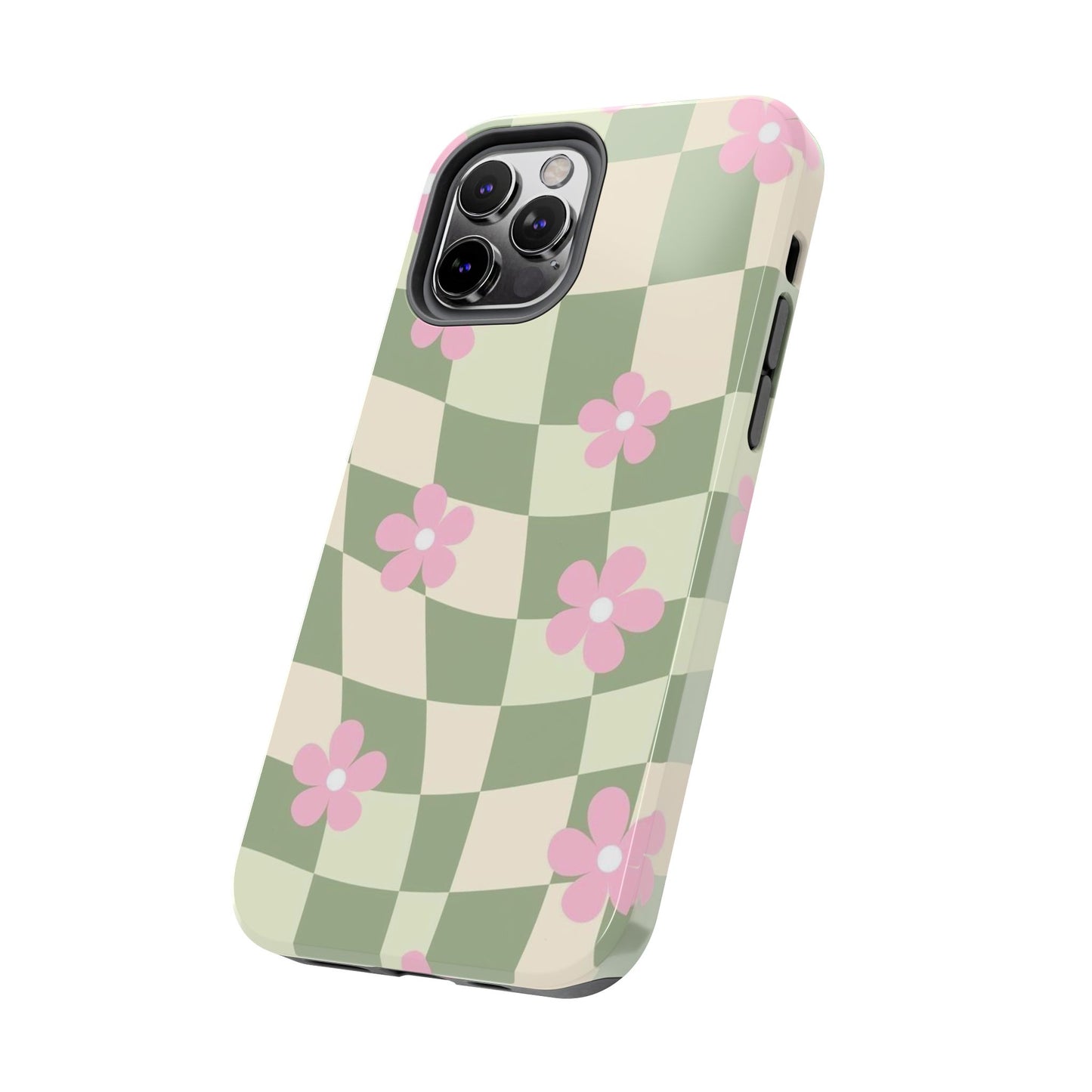Tough Phone Case — Retro Green Checkerboard with Pink Flowers
