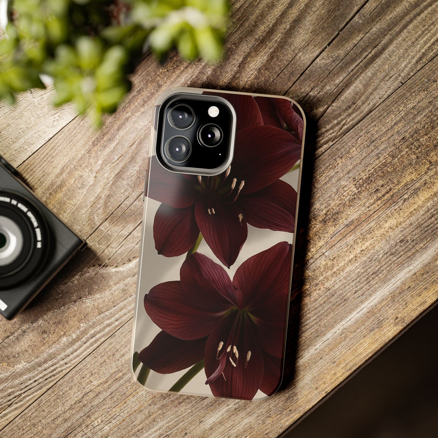 Amaryllis Noir Tough Phone Case — Dark Burgundy Floral Protective Cover