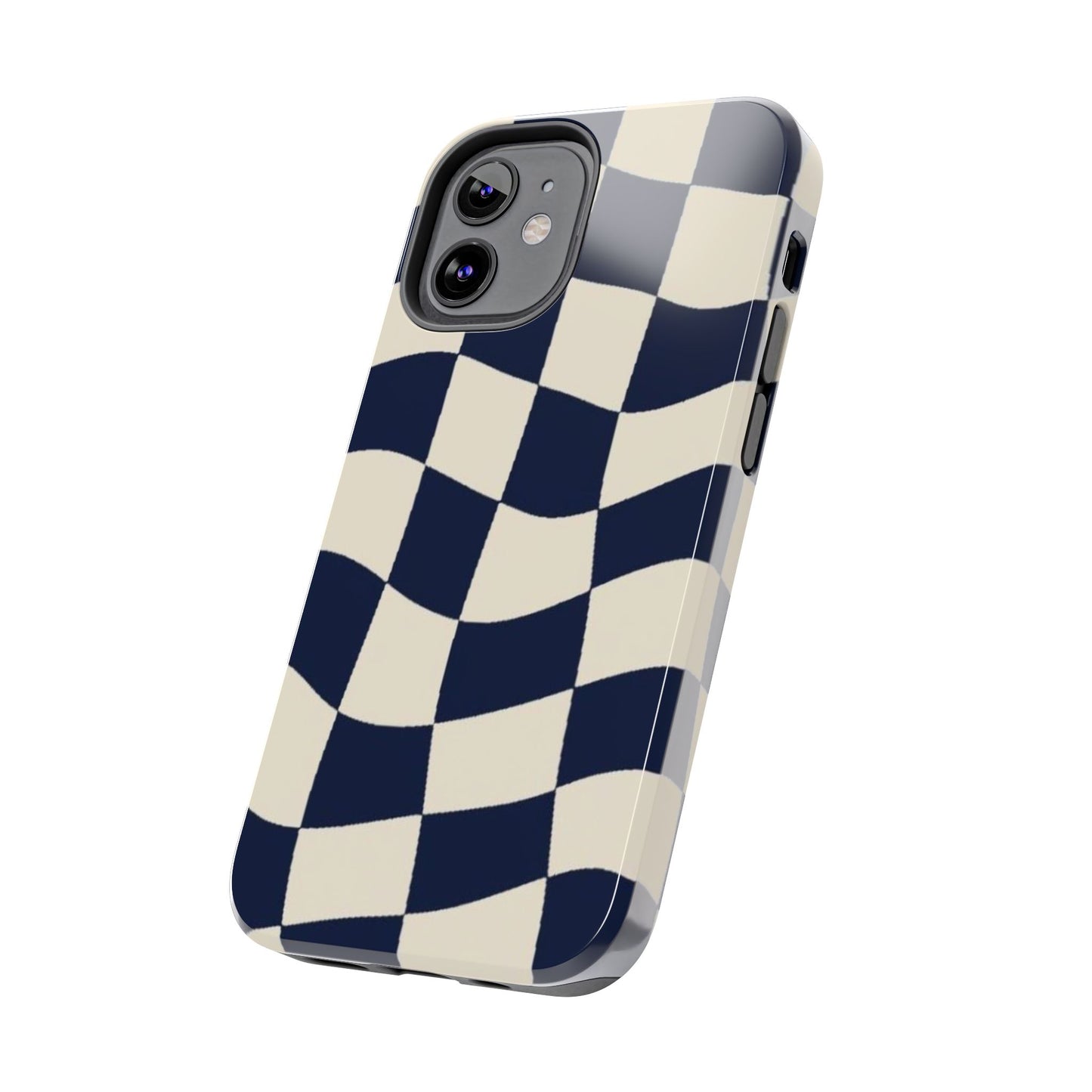 Wavy Checkerboard Tough Phone Case — Navy & Cream Protective Cover