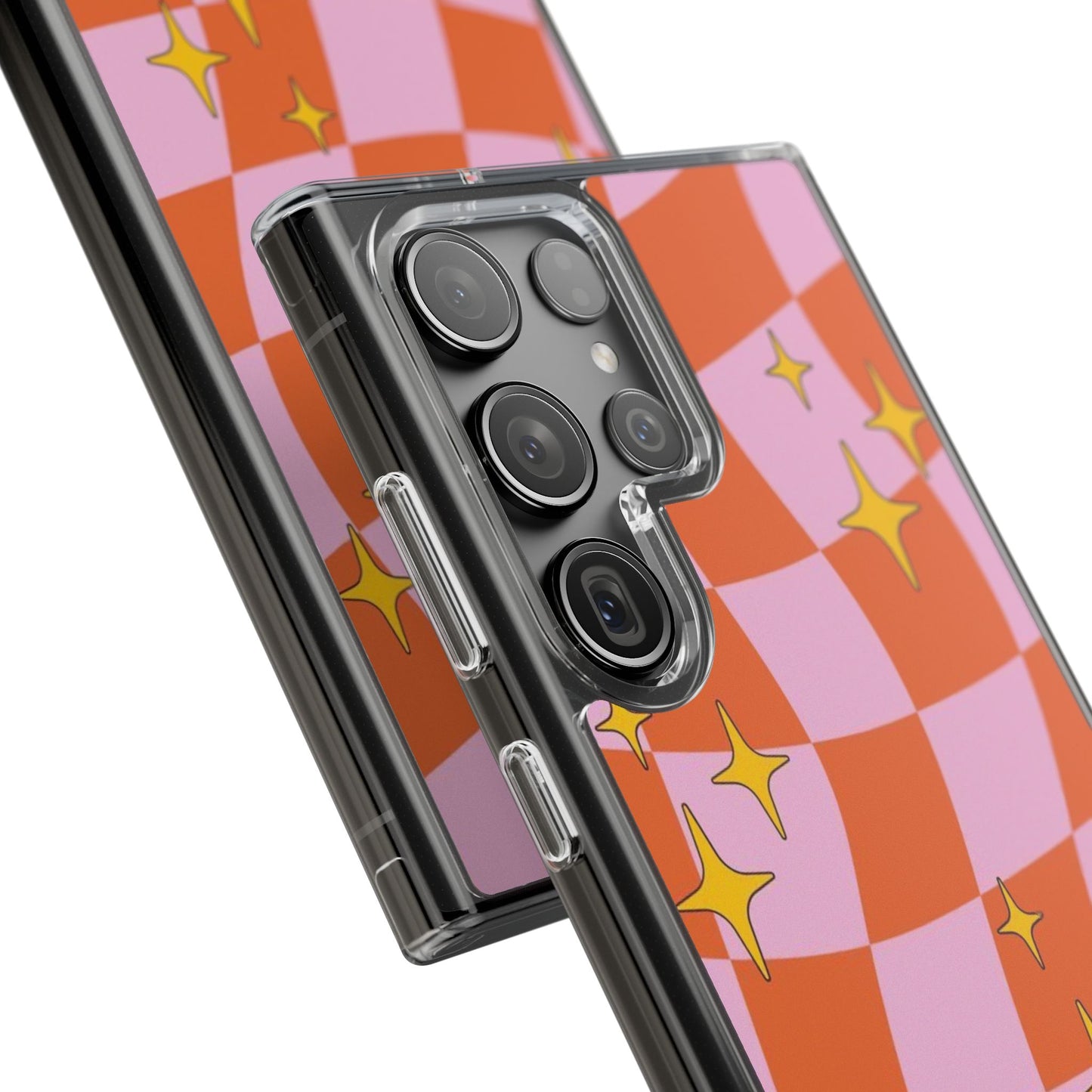 Clear Impact-Resistant Case — Retro Pink & Orange Checker with Sparkle Stars