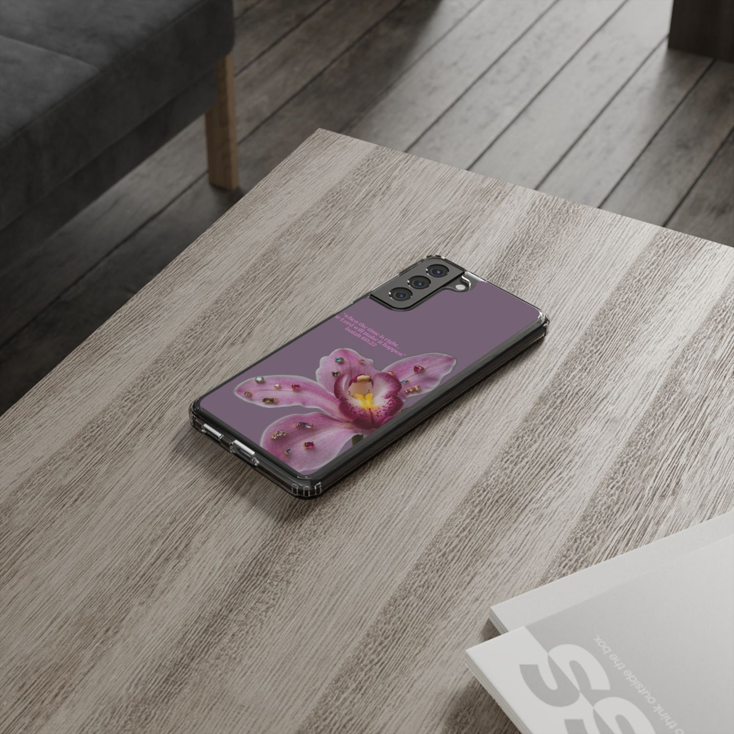Clear Floral Impact-Resistant Phone Case — "When the time is right" Rose Orchid Design