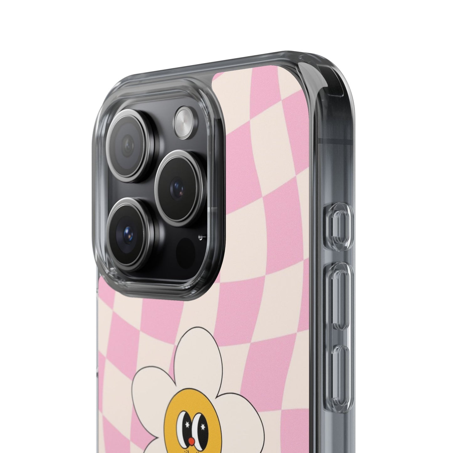 Clear Impact-Resistant Phone Case — Pink Checkerboard Daisy Design